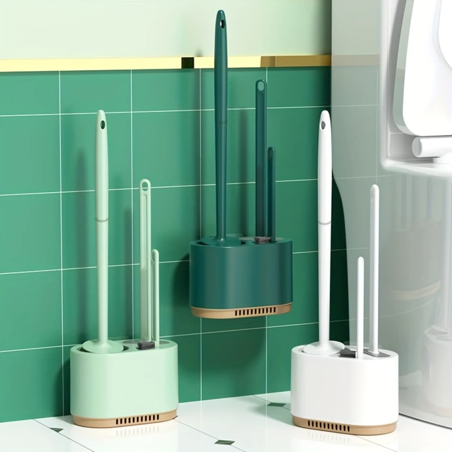 Set scopino e supporto per WC, 3 in 1, 2 in 1, scopino per WC di dimensioni compatte, scopino piatto in silicone, spazzola rotonda con setole, mini fessura