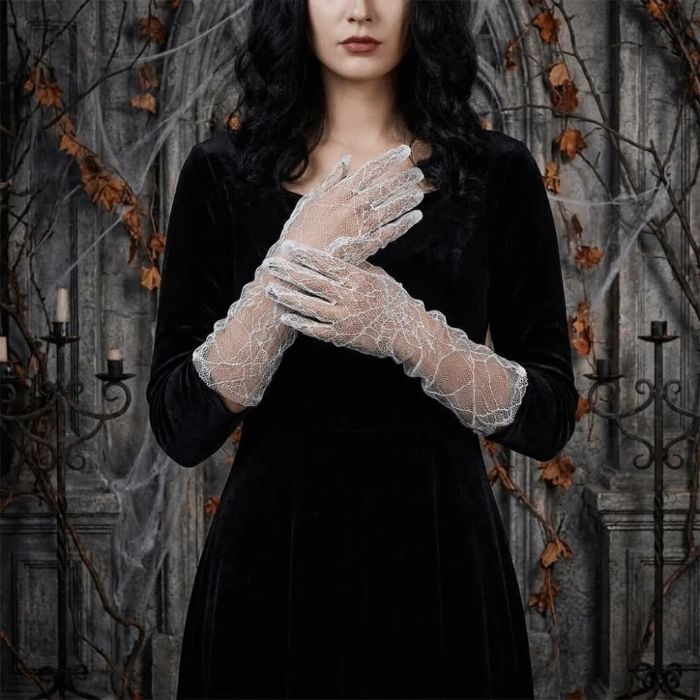 Elegant Solid Color Spider Web Gloves Gauze Transparent Women Driving Gloves Dark Series Mesh Long Mittens Girls