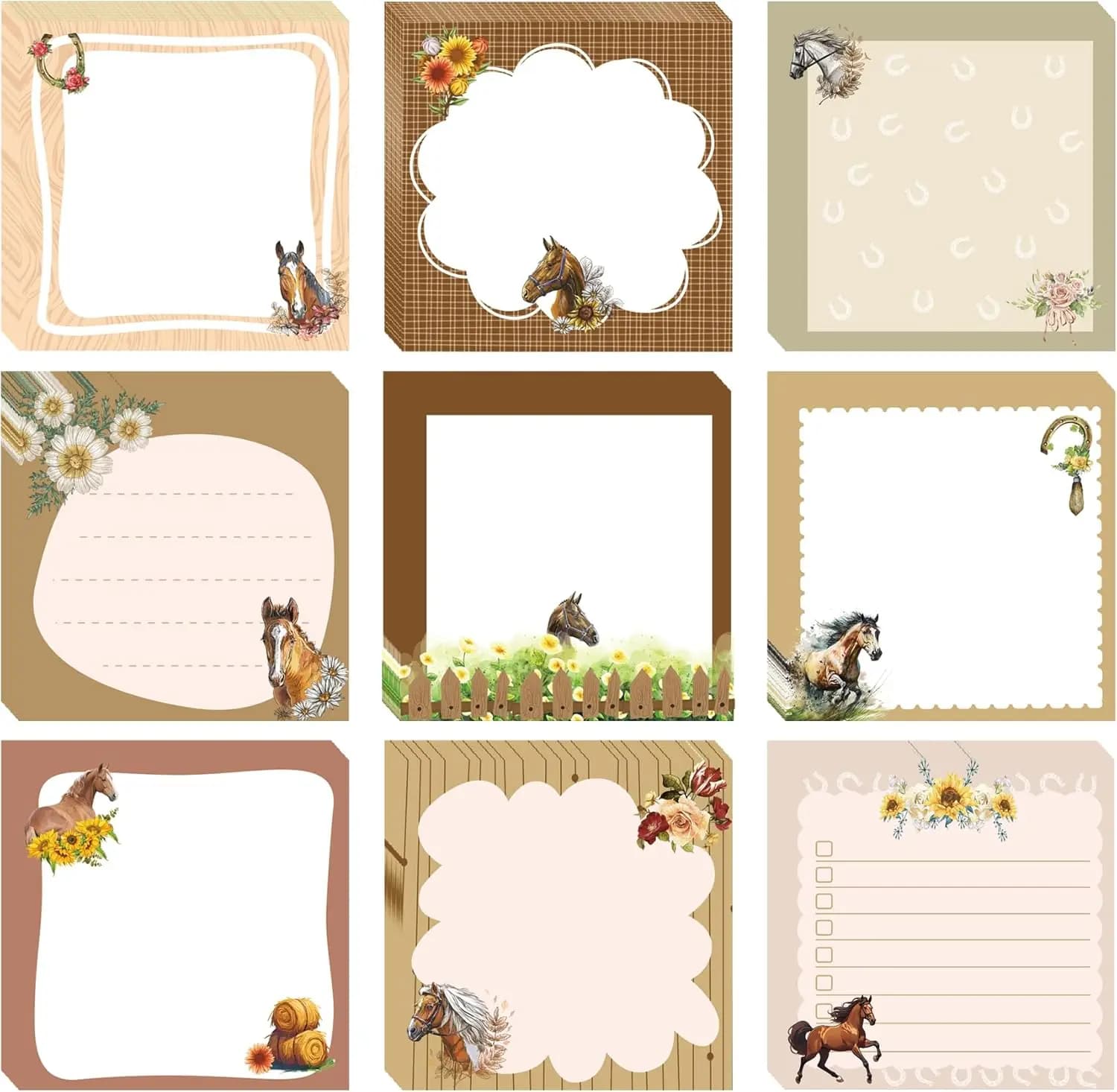 9 Set Note adesive per cavalli 2,95 x 2,95 pollici Scrittura di animali Fiore Cuscinetti autoadesivi Cavallo Memoo Set Blocchi per elenco delle cose da fare a tema animali