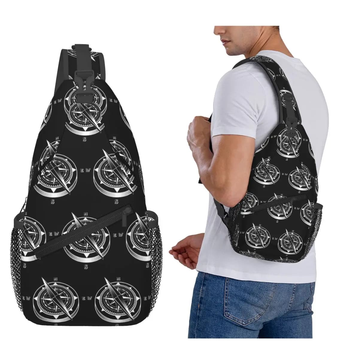 Nautical Compass Captain Anchor Boat Chest Bag Men Sling Crossbody Backpack Chest Bag Traveling Hiking Daypack Shoulder Bag
