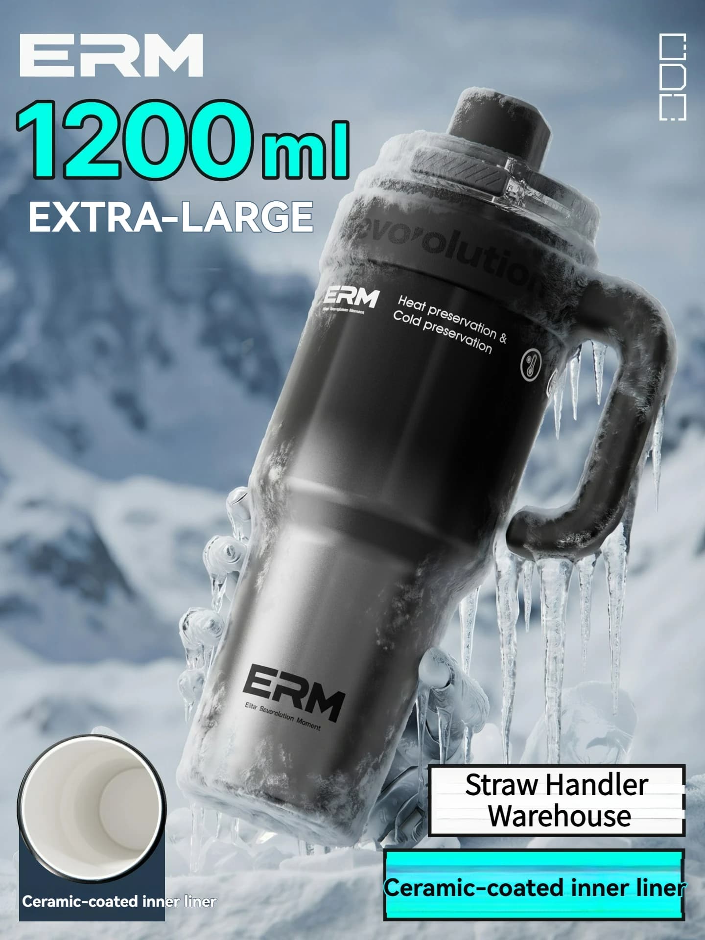 Borraccia Termica Sottovuoto in Acciaio Inossidabile da 1200 ml con Cannuccia e Manico, Tazza Antigoccia in Ceramica Extra Grande