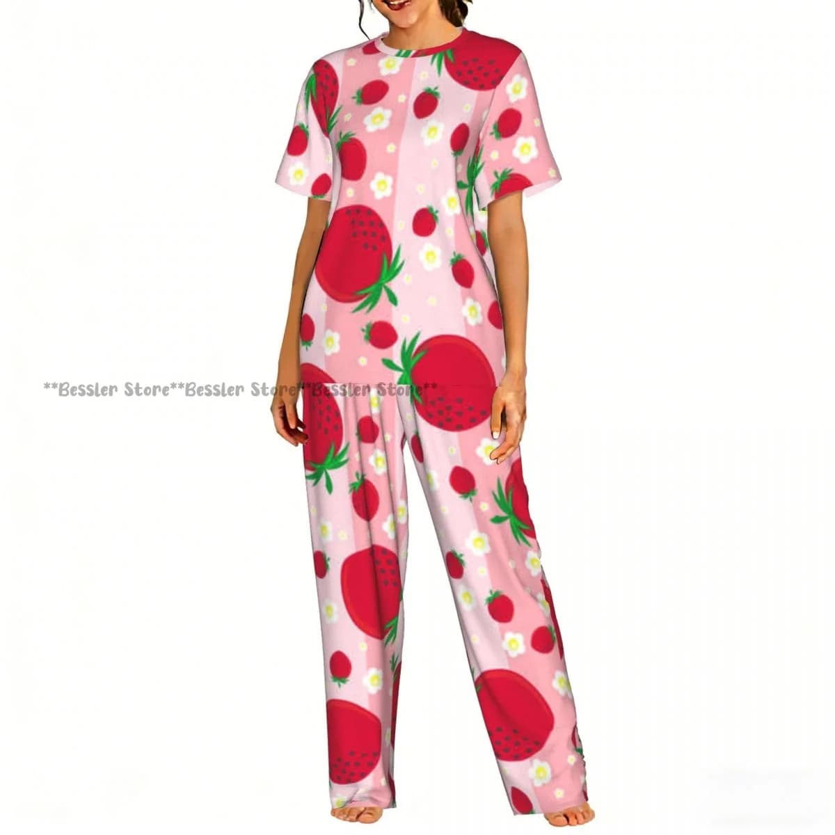 Women's 2-piece set Strawberry Pink Background Pajamas Short sleeved Top and Pants Sleepwear