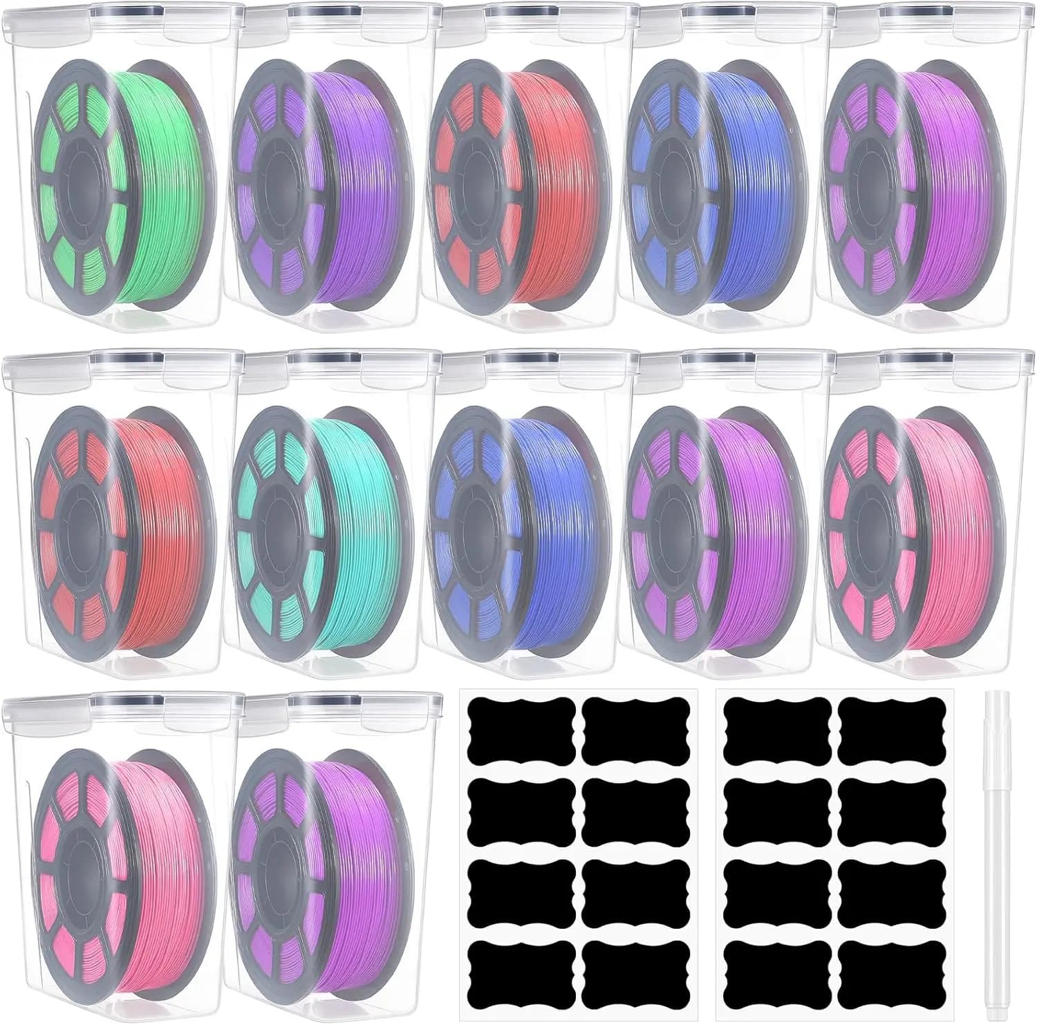 Set di 12 Grandi Contenitori per Filamenti con Coperchi - Scatole Trasparenti in Plastica per Bobine di Stampanti 3D - Portatili con Etichette - 25x24.5x11.4cm