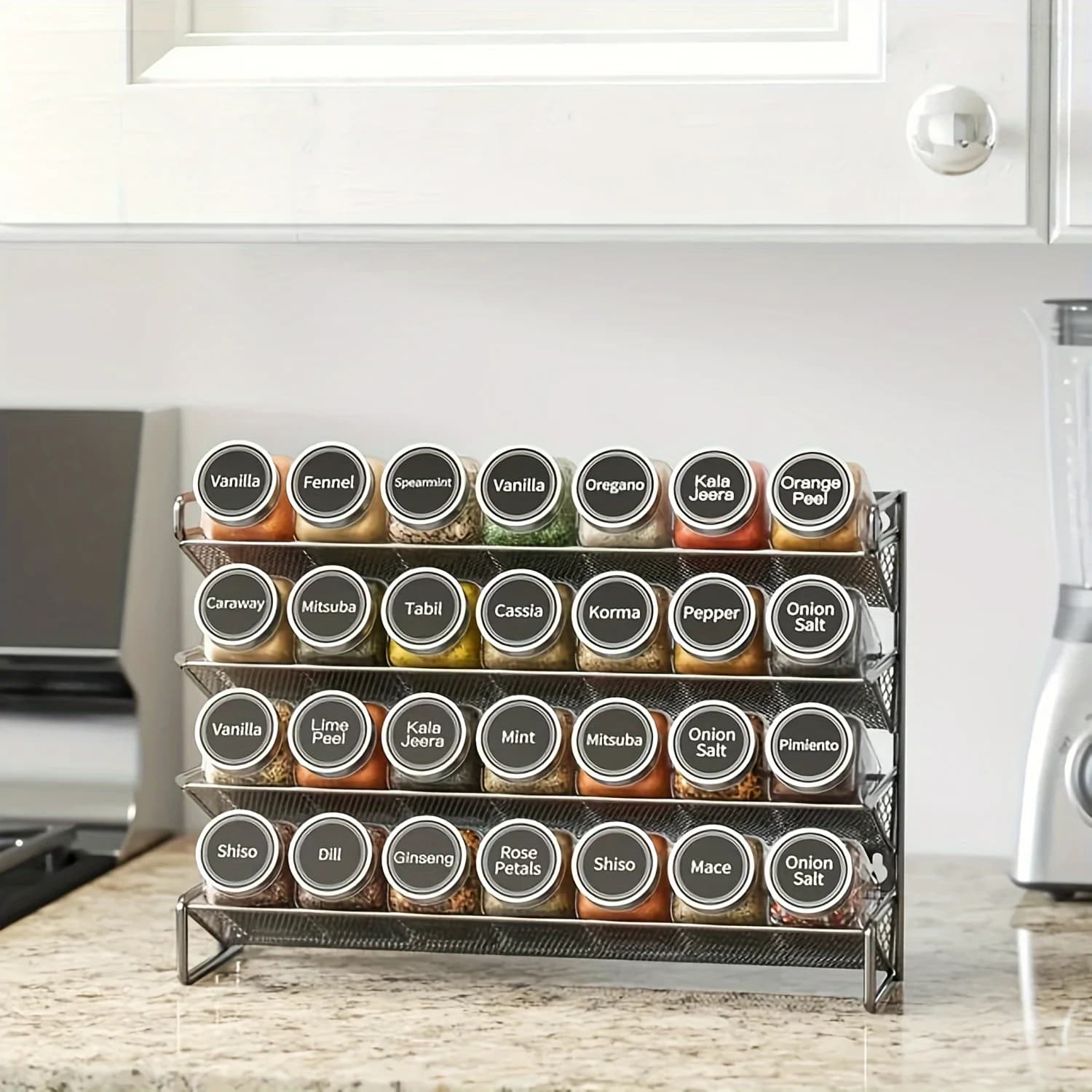 Set di 28 barattoli per spezie con organizer, 386 etichette, pennarello a gesso e imbuto, per armadietto, piano di lavoro, dispensa, credenza o montaggio a parete