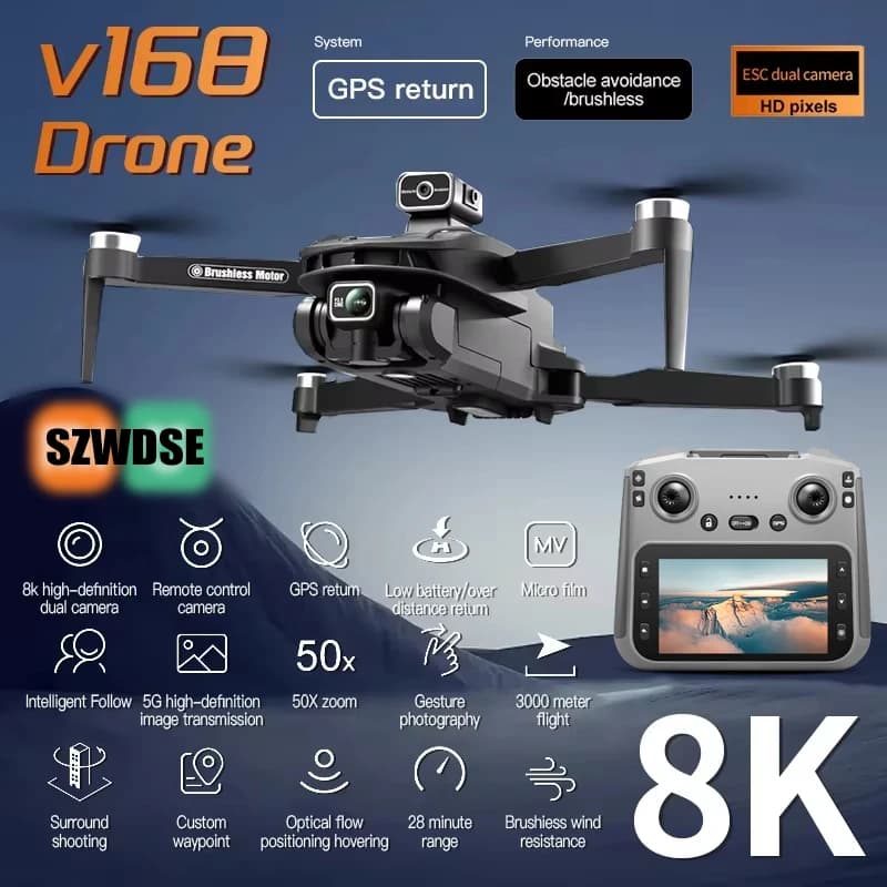 V168 Max Schermo LCD RC Drone 8K HD Fotocamera Motore GPS Brushless Invia Scheda di Memoria Evitamento Ostacoli Pieghevole Quadcopter Dron Giocattolo