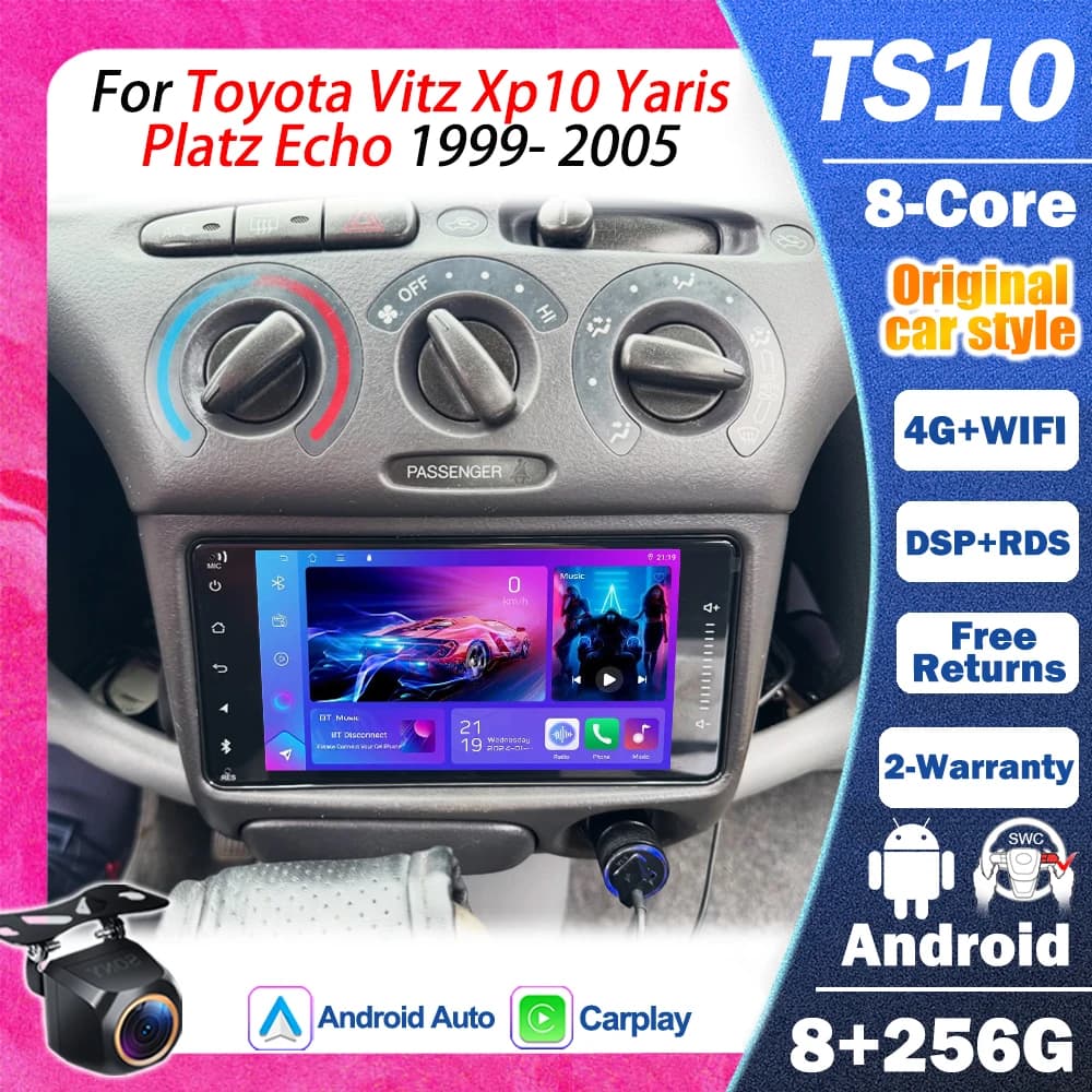 Android 16 per Toyota Vitz Xp10 Yaris Platz Echo 1999-2005, Navigazione Multimediale Bluetooth GPS, Lettore Radio Auto con Video, Carplay