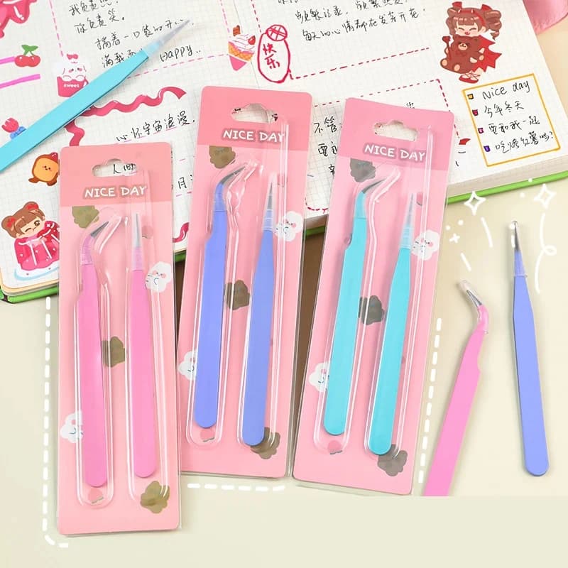 1 Pair Multifunctional Tweezers Set Straight & Elbow Tweezers Hand Account Sticker Picking Tool Color Craft Clip