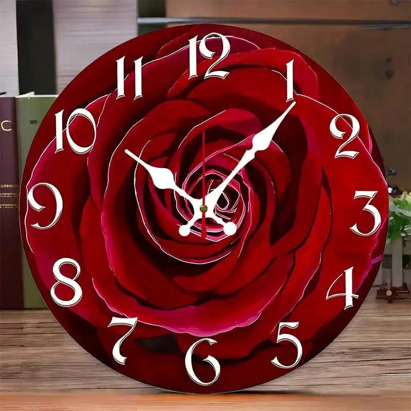 Orologio da parete silenzioso rotondo in legno con rosa rossa piatta 2D fai da te, adatto per soggiorno, ufficio, studio, camera da letto, decorazione domestica
