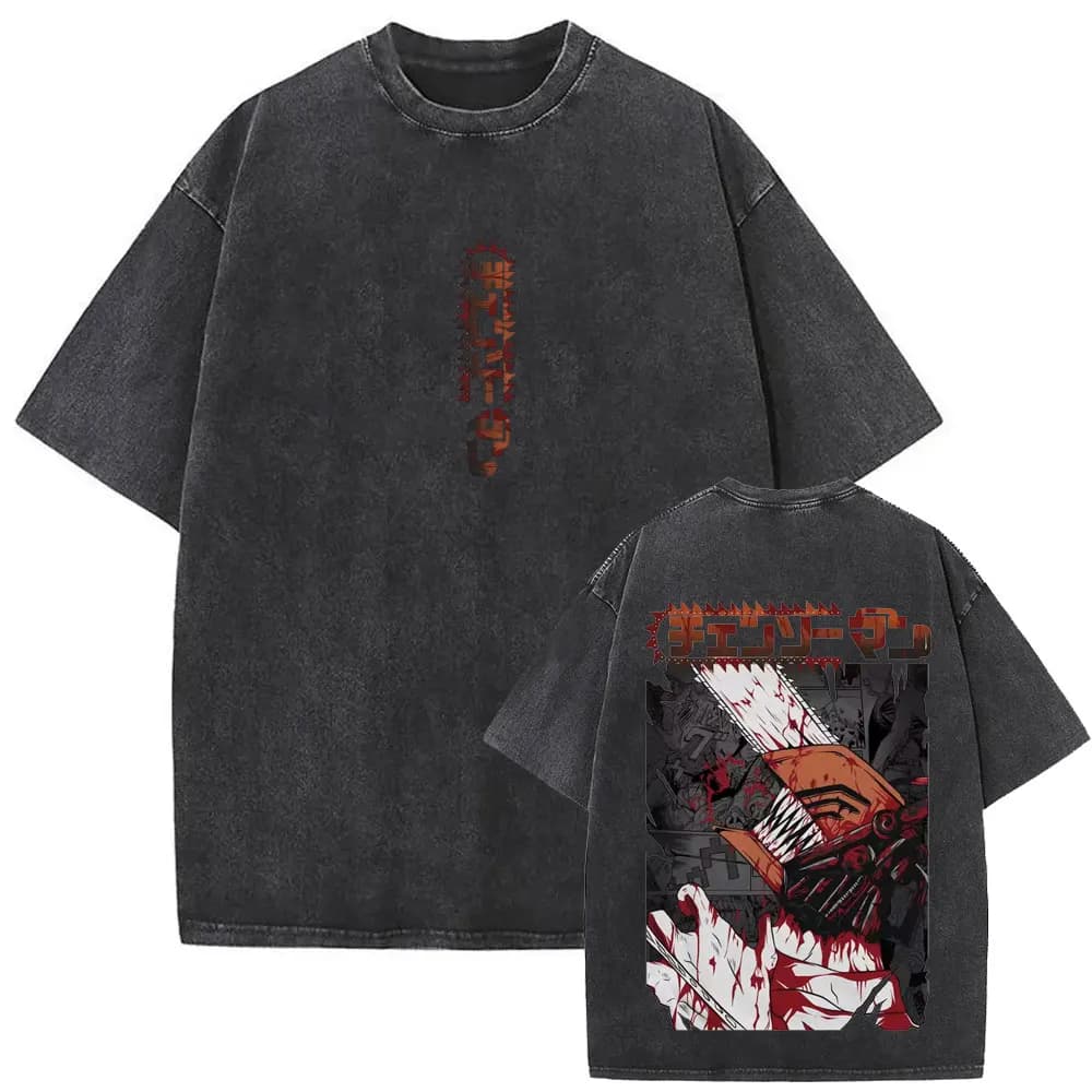 T-shirt Anime Chainsaw Man Stile Vintage, Maglietta con Grafica Divertente di Denji e Pochita, T-shirt Oversize Manga per Uomo e Donna