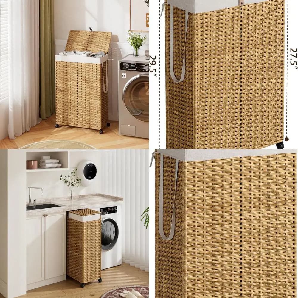 90 litre folding rattan door basket with wheels, cover and removable bag: slim design for easy sorting