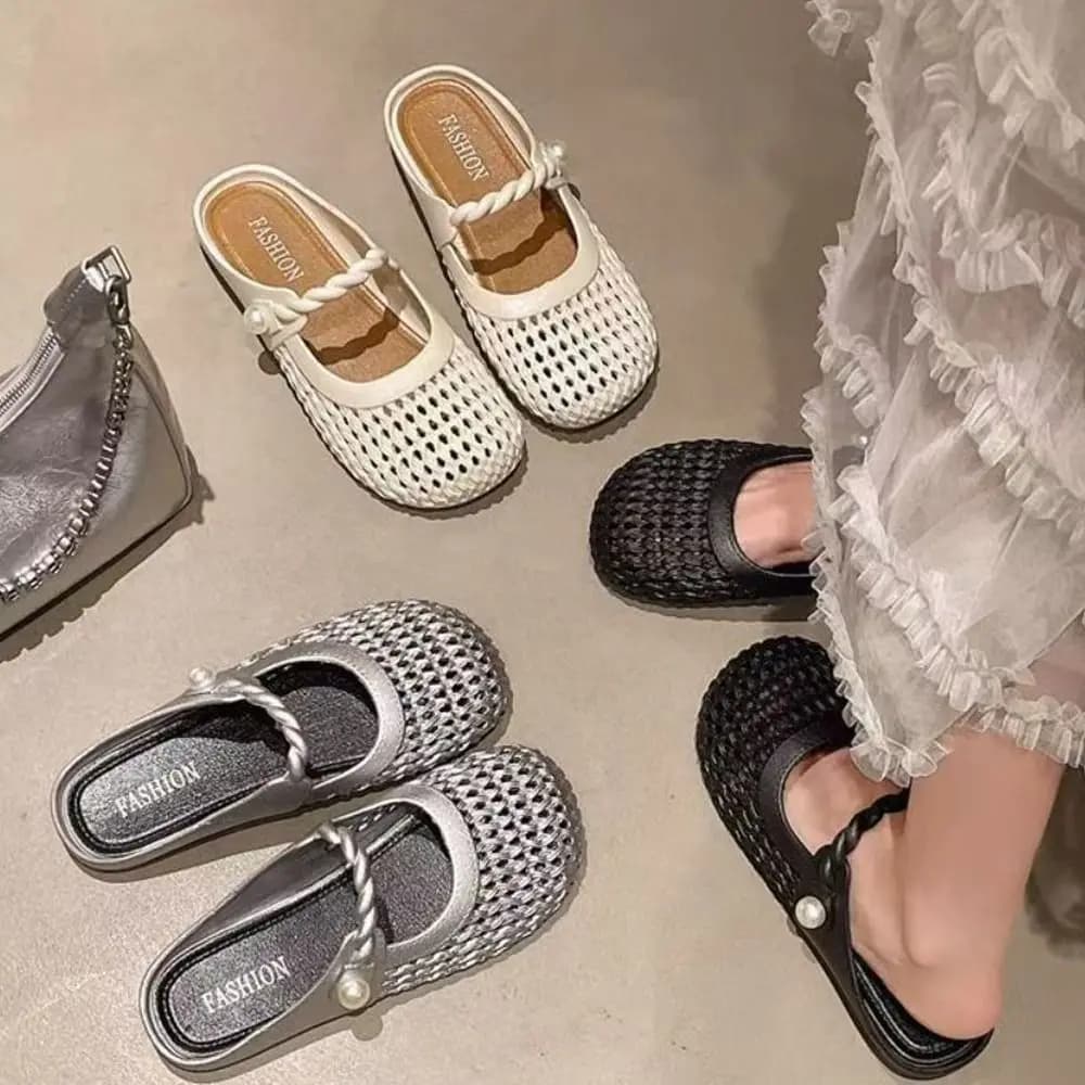 Breathable Baotou Half Slippers Hollow All-Match Breathable Sandals Anti-Slip Lightweight Hand-Woven Slippers Women's Wear