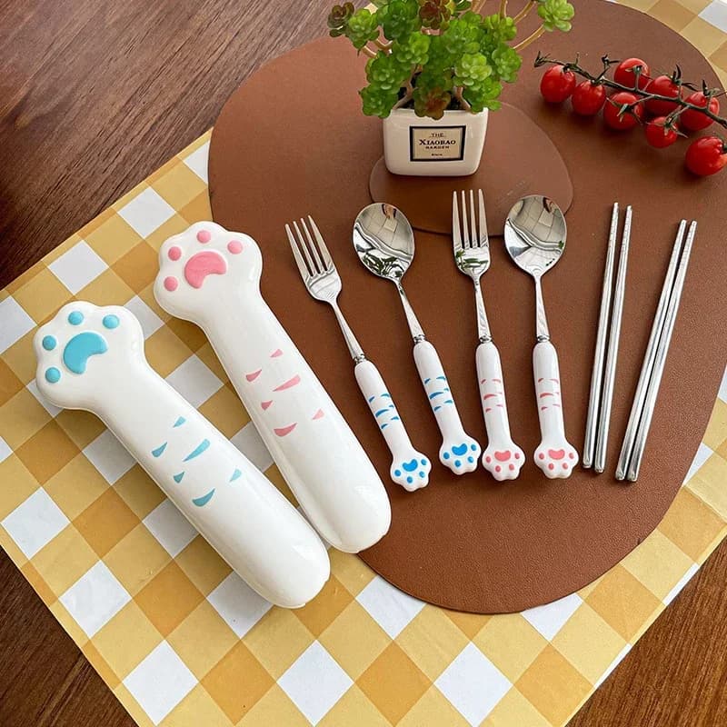 Set di posate cucchiaio forchetta forchetta con zampa di gatto carino in acciaio inossidabile con scatola di immagazzinaggio Stoviglie per stoviglie Posate per pranzo Stoviglie portatili