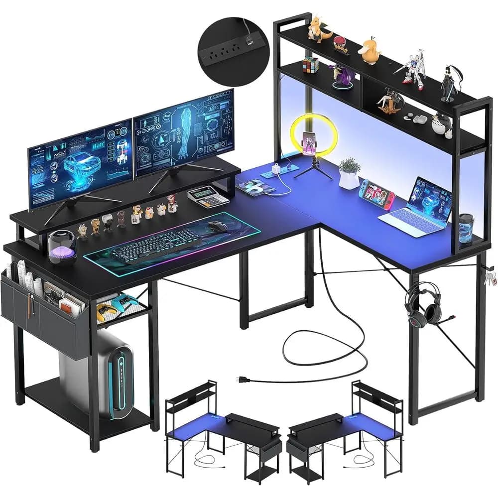 Scrivania da gaming a forma di L illuminata a LED con supporto per monitor reversibile e spazio di archiviazione, nera