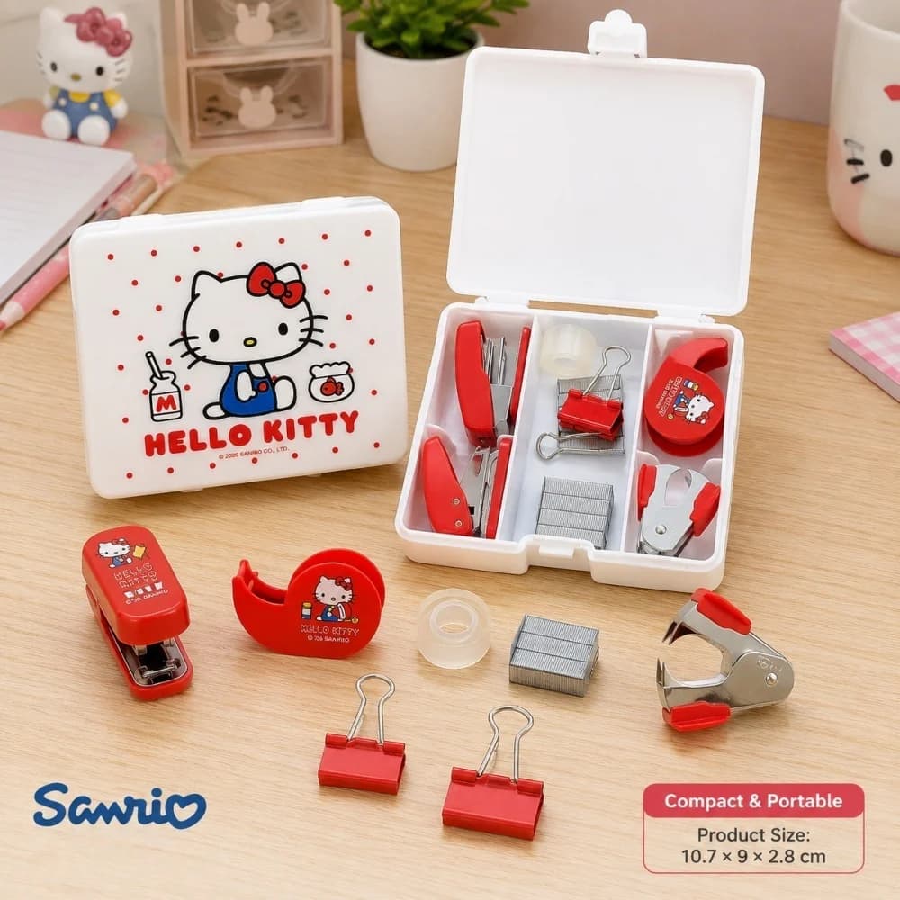 Kit di Cancelleria Originale Sanrio Hello Kitty, Set Portatile con Graffettatrice, Nastro Adesivo, Clip, Graffette, Set Regalo per Ufficio e Studio, Giocattoli per Adolescenti