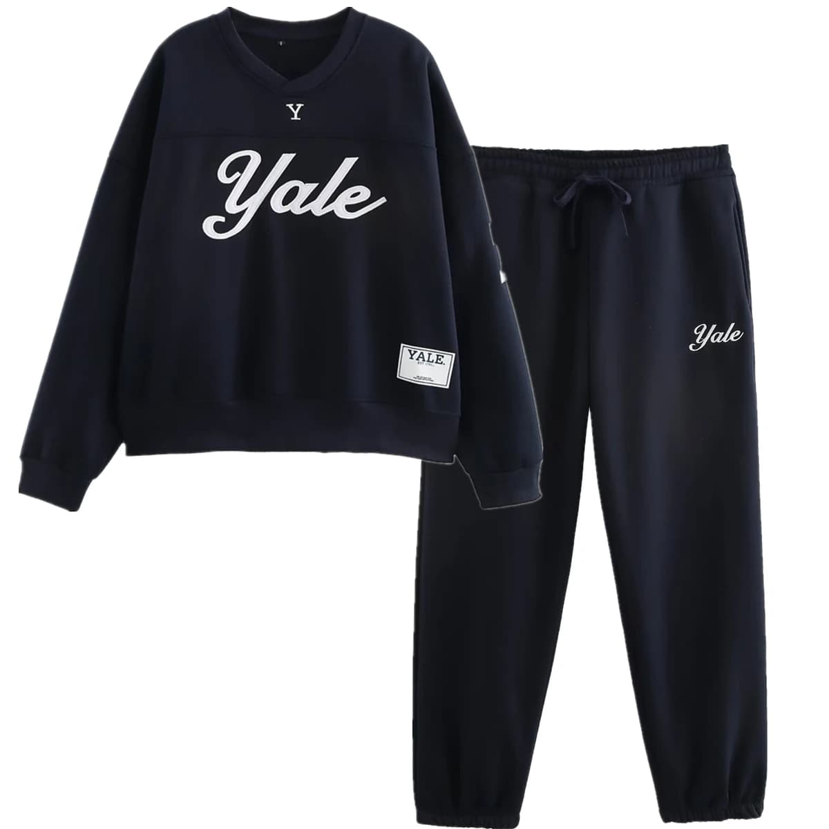 Jenny&Dave American Old School Team Yale Felpa con stampa di lettere Set di pantaloni da donna Felpe con cappuccio color blu scuro