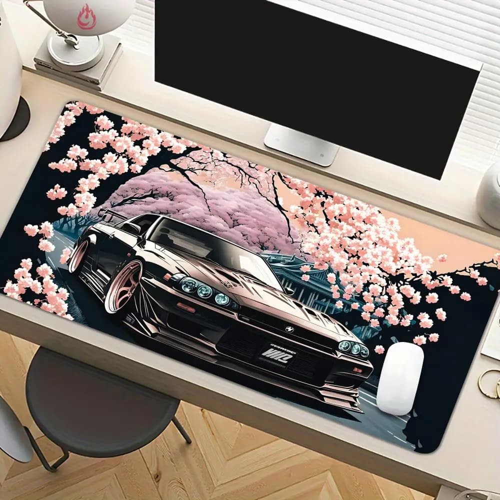 Tappetino per mouse da gioco con design a fiori di ciliegio e auto sportiva, tappetino per mouse da ufficio antiscivolo, accessori per PC, tastiera, tappetini da gioco