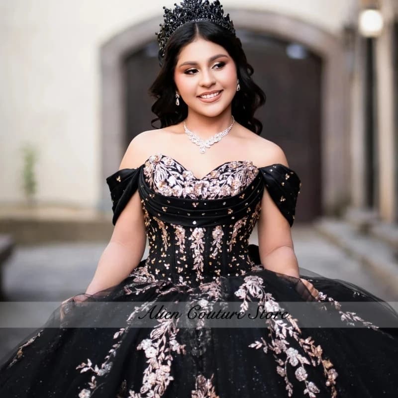 Black Shiny Princess Sweet 16 Dress Dress Quinceanera Dresses Applique Lace Beads Tull Party Birthday Vestidos 15 De Anos