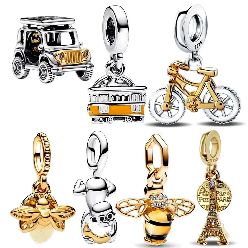 Nuovo ciondolo in argento sterling 925 con autobus in oro, adatto per bracciale originale, ciondolo fai da te, regalo di gioielleria raffinata da donna