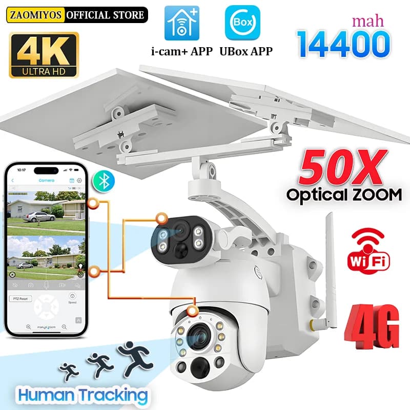 Telecamera Solare 4K 4G con Zoom Ottico 50X, Doppio Schermo, PTZ, per Sorveglianza Domestica ed Esterna, Impermeabile, con Tracciamento AI delle Persone, Telecamera di Sicurezza IP CCTV