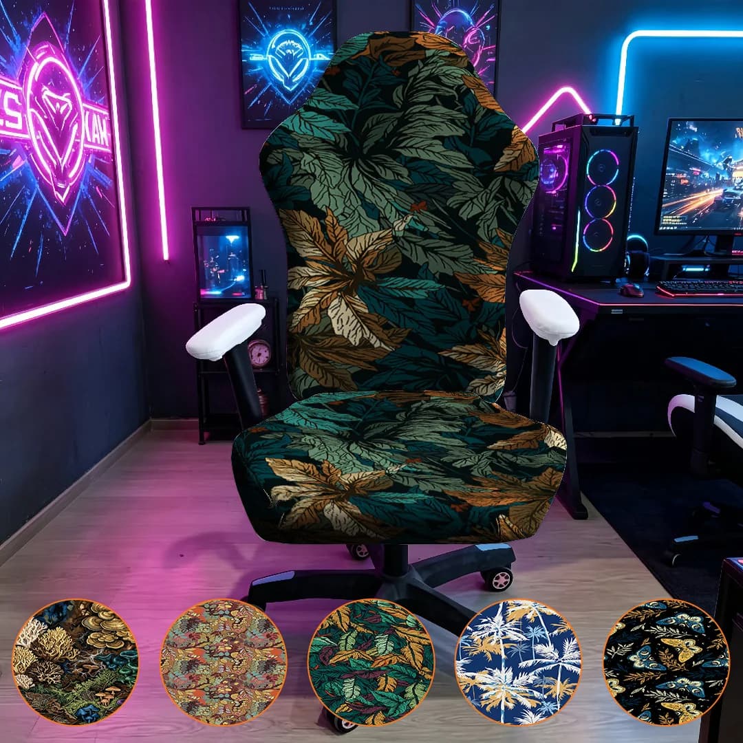 Dark Background Tropical Leaf Print Gaming Chair Cover Stretch Elastic Slipcover Universal Computer Office Chair Protector