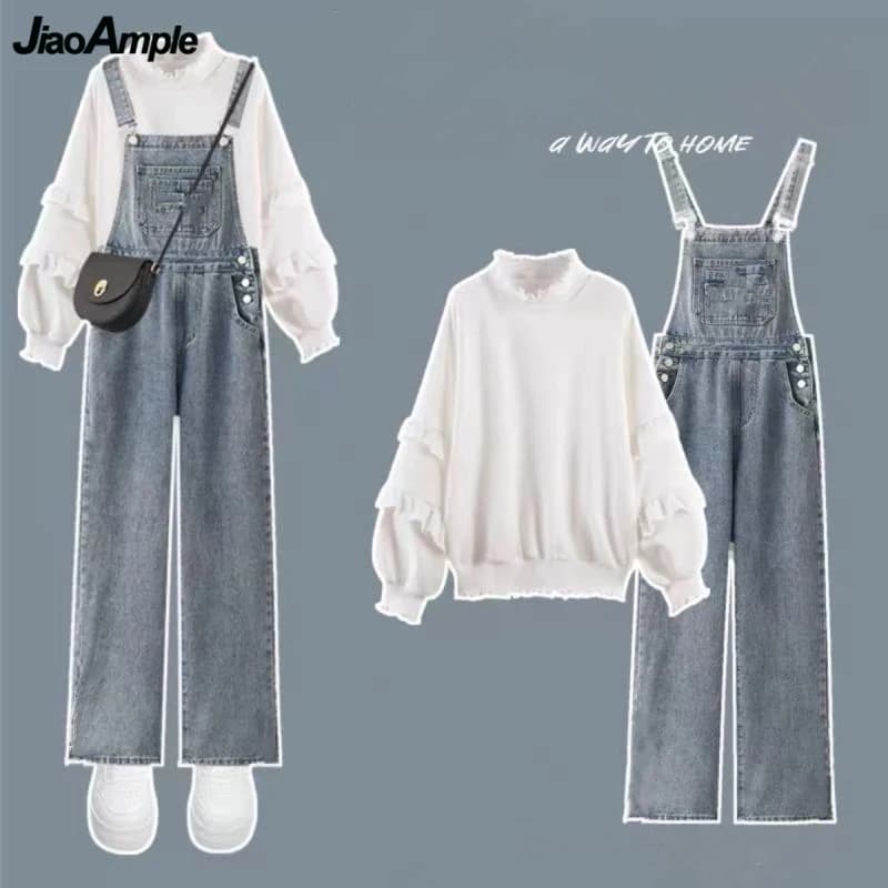 Donna Stile Preppy Primavera Autunno Felpa Salopette Pantaloni in denim Set da 1 o 2 pezzi Coreano Lady Daily Ruffle Top Jeans Abiti