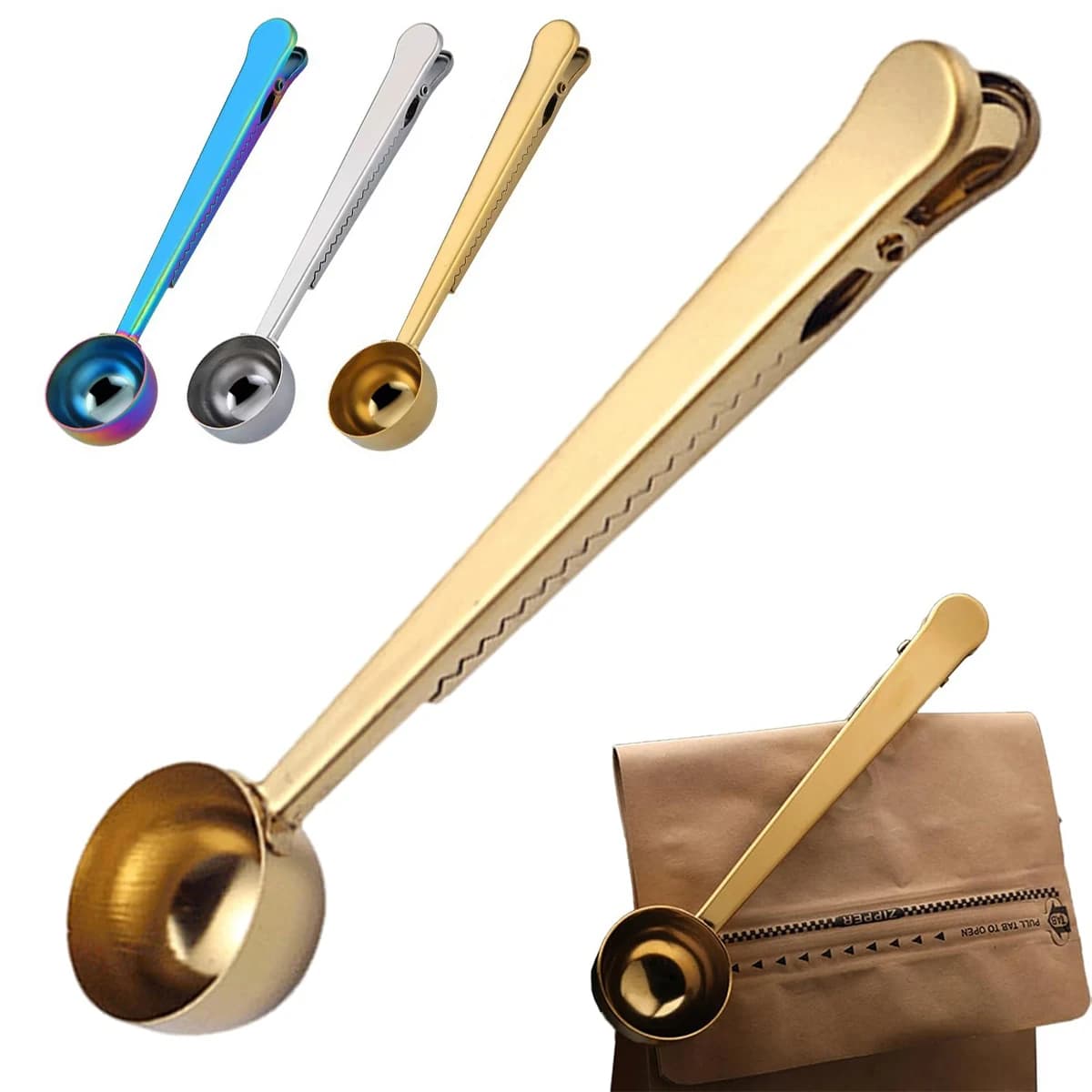2-in-1 Stainless Steel Coffee Scoop with Bag Clip Long Handle Spoon Sealer for Coffee Tea Protein Powder Kitchen Gadgets