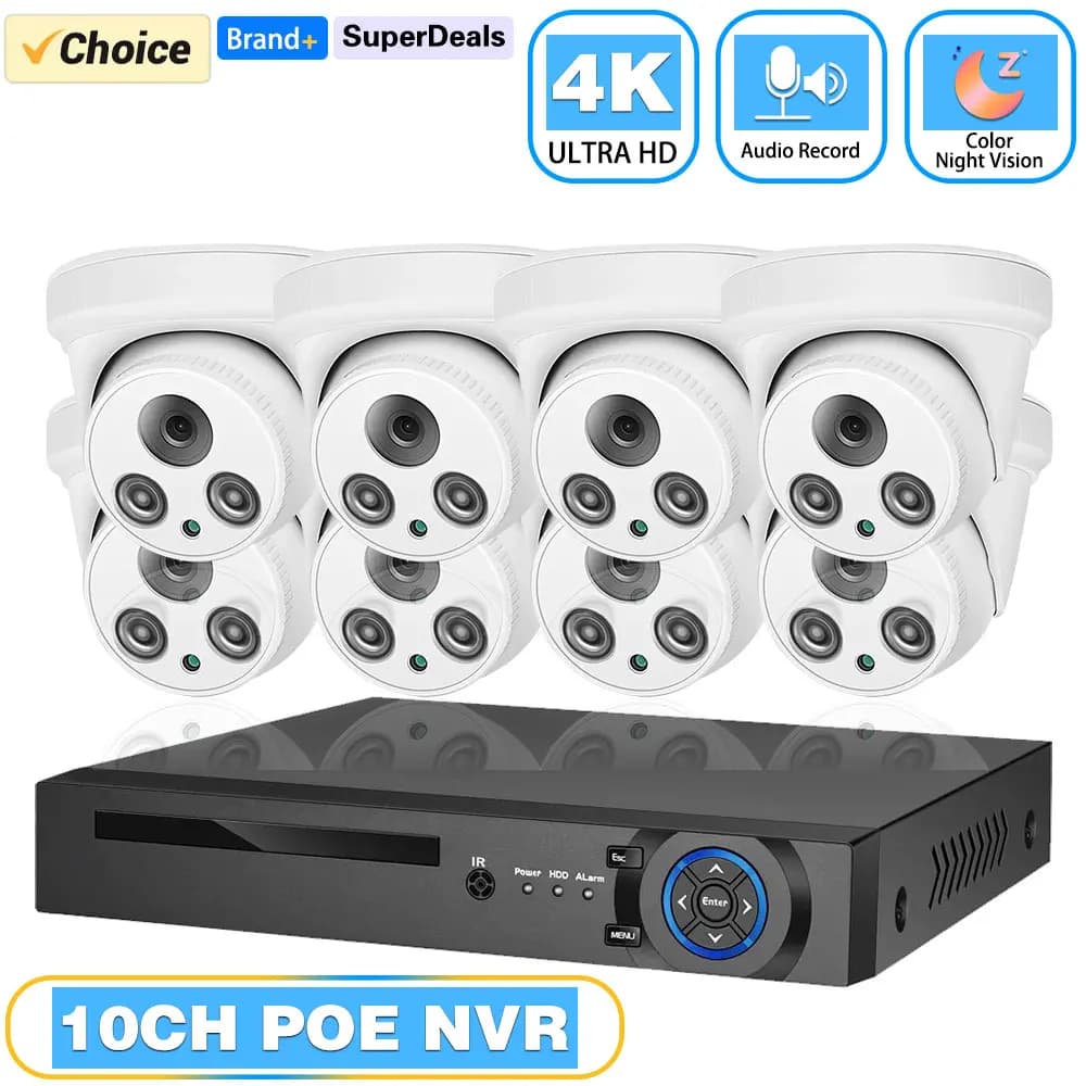 POE Security Camera System with Night Vision 8MP, NVR 10CH Kit, CCTV Exterior IP Camera, Video Security Set H.265