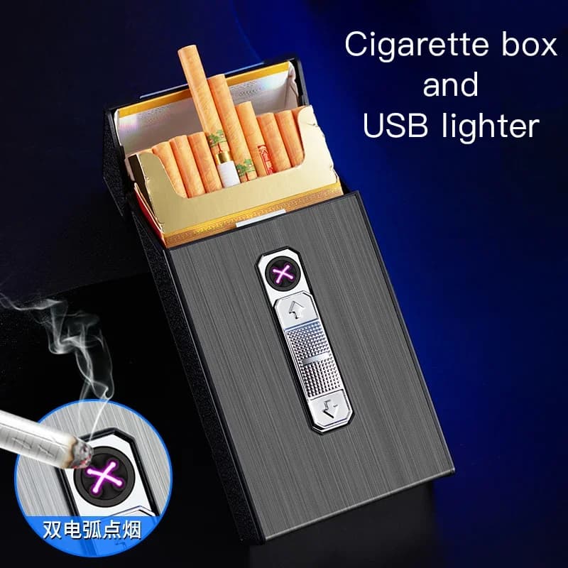 2026 Il nuovo USB Dual-arc Accendino Custodia per sigarette impermeabile 20 Sigarette ordinarie Scatola di immagazzinaggio Accensione Regalo da uomo due in uno