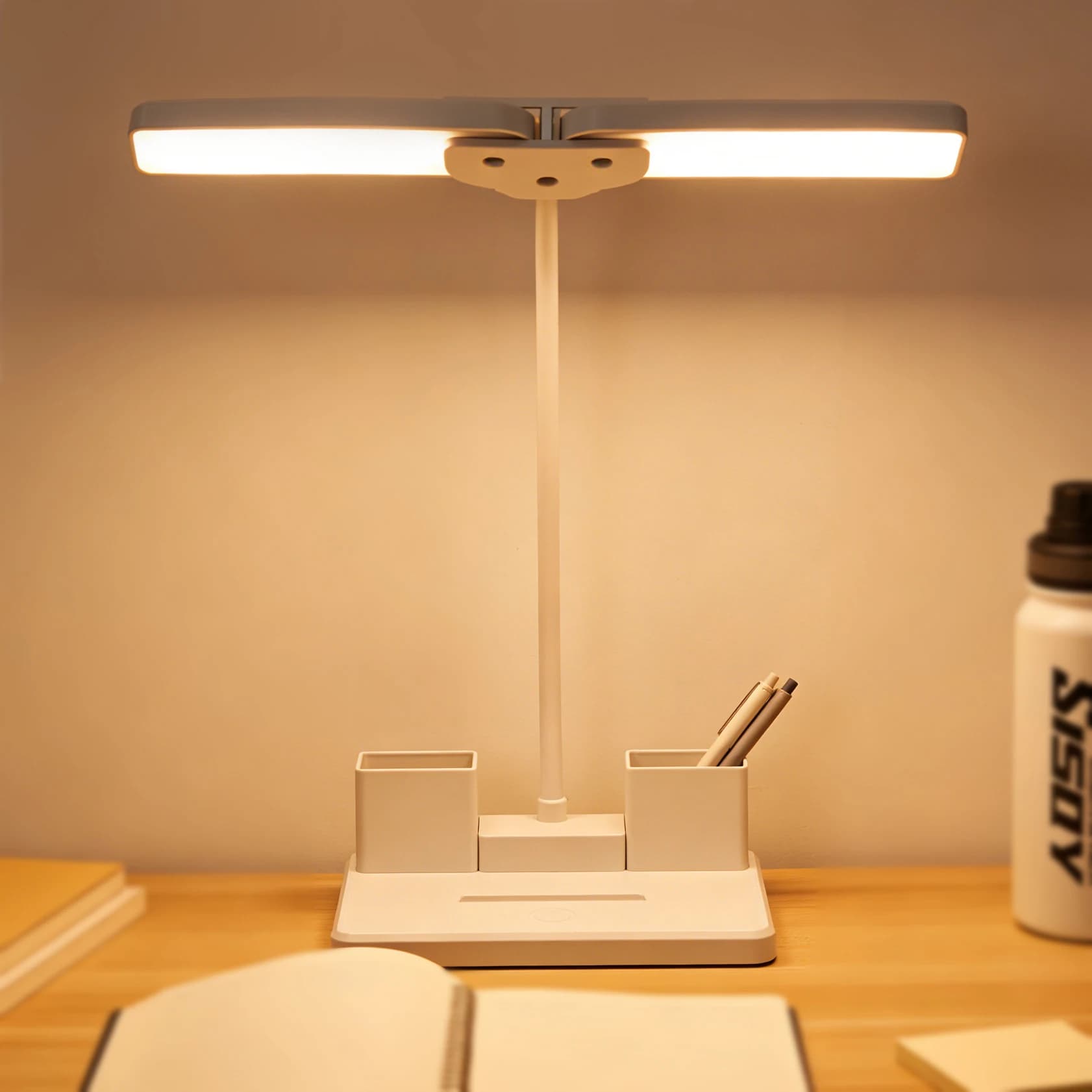 Lampada da Scrivania LED a Doppia Testa, Portapenne Organizzatore, Luce per Studio Salva-Vista per Ufficio, Casa, Scuola