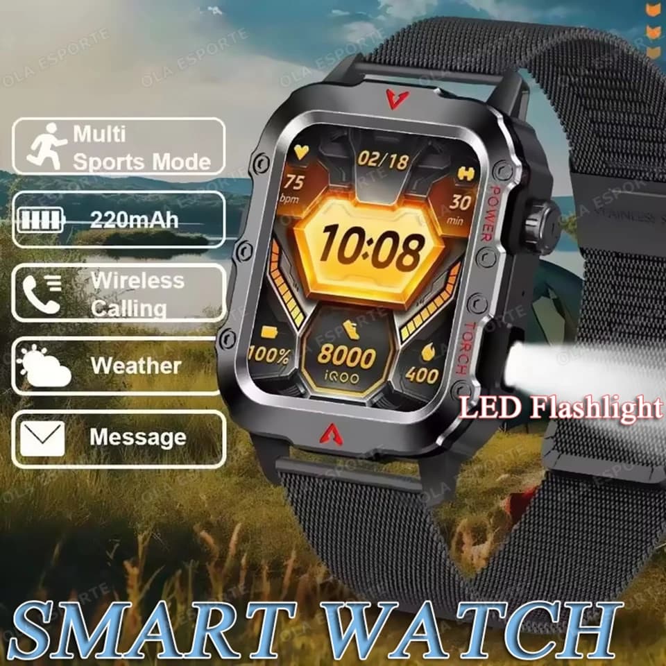 Smart Watch Ola Esporte Torcia LED per esterni Smartwatch 2025 Frequenza cardiaca Ossigeno nel sangue/Pressione Monitor del sonno Orologio impermeabile