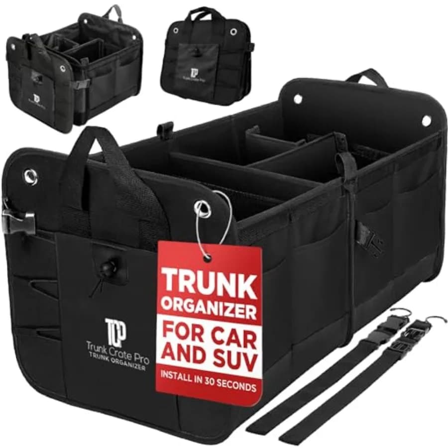 Organizer per bagagliaio auto, SUV, camion, premium, regolabile, multi-scomparto, pieghevole, con cinghie di fissaggio