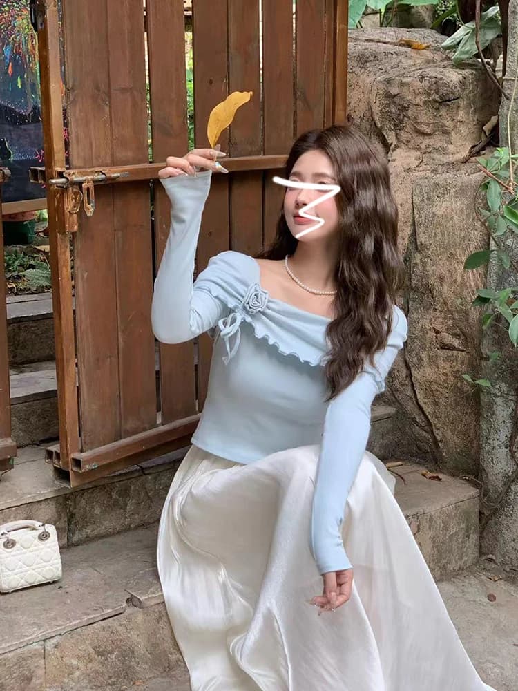 Sweet Style Tea Break Gown One Shoulder Long Dress Women's Whole Set Casual Summer A-Line Skirt Long Sleeve Standard Fit Dress