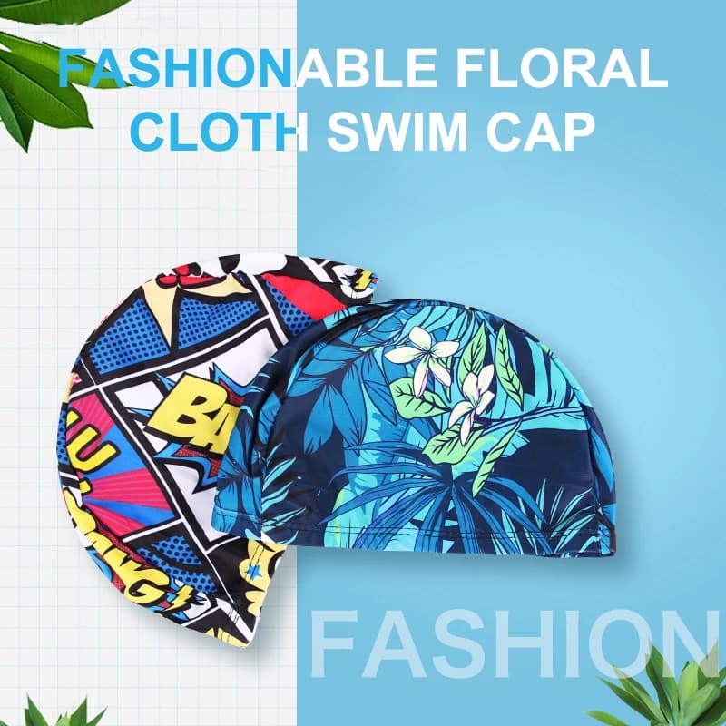 Waterproof swim cap with leaf print with ear protection and anti-slip design for adults: perfect for swimming pool, beach and summer fun