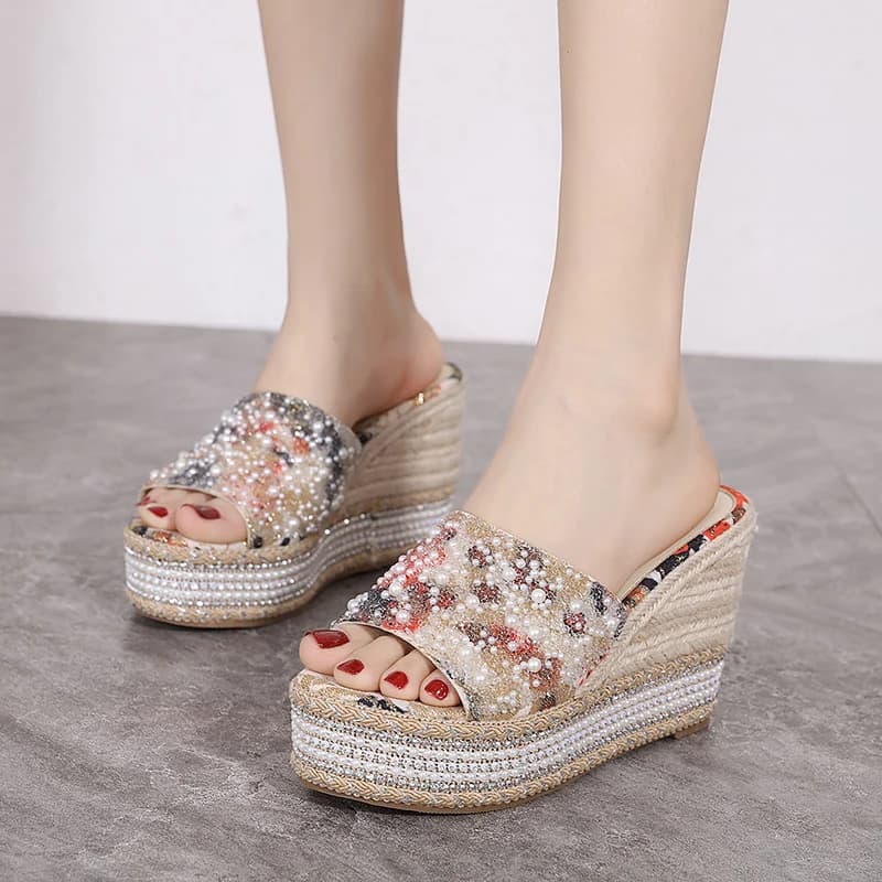 Pink Platform Heels Slippers Summer Wedge Sandals For Woman Bohemia Beach Shoes 10CM Heeled Sandals New Arrival 2026