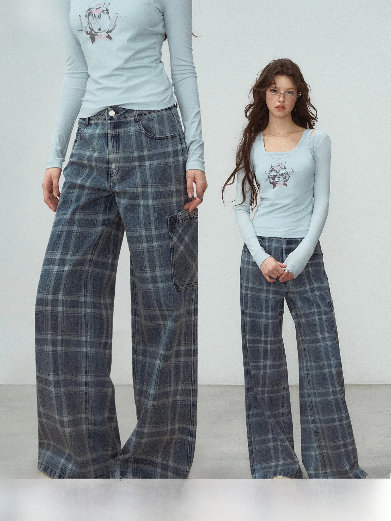 LulusMiracle High Waist Cotton Plaid Straight Leg Jeans Women's Lazy American Retro Checkerboard Denim Pants Spring 2026