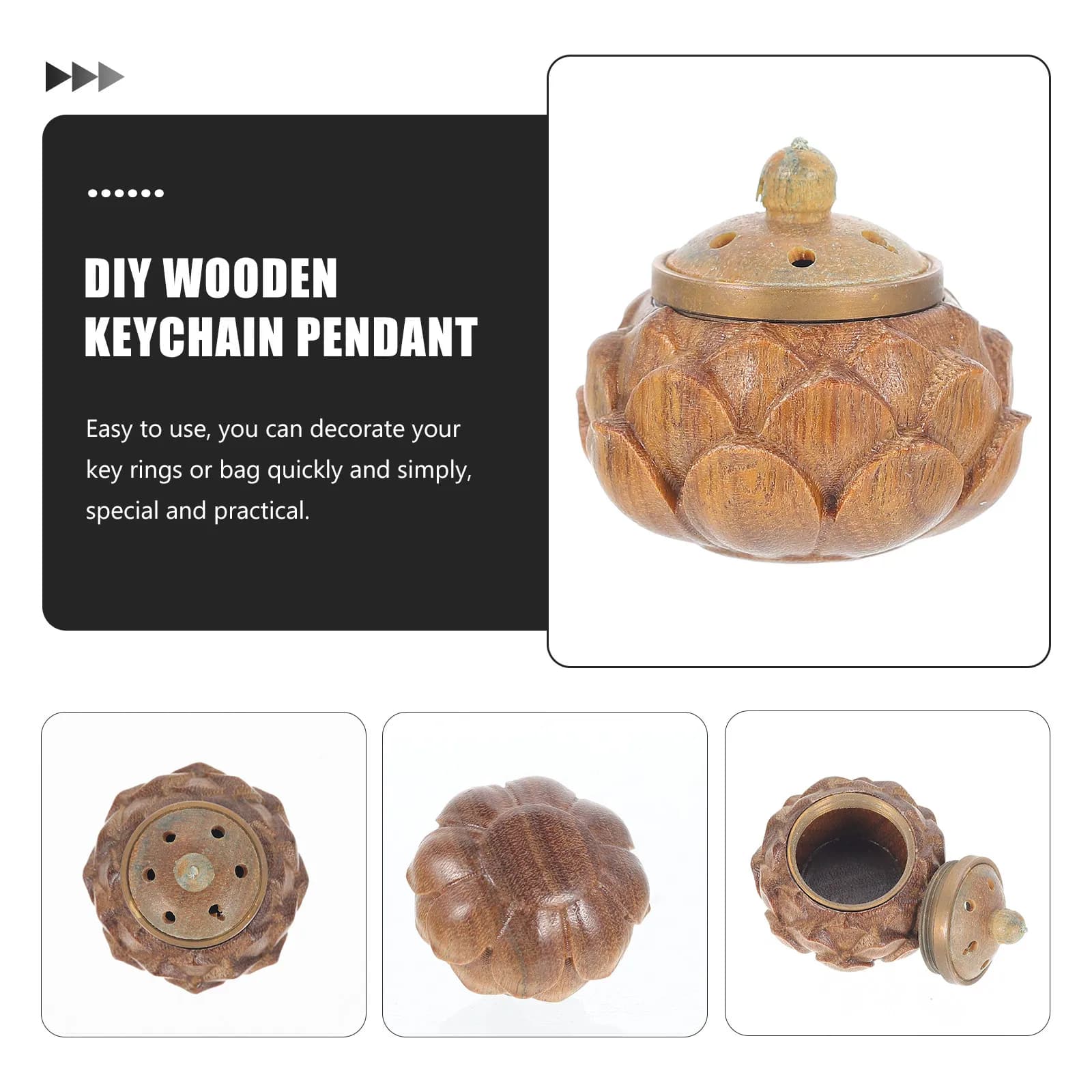 Natural Wood Sachet Keychain Carved Hollow Aroma Diffuser Pendant DIY Keyring Bag Car Hanging Accessory