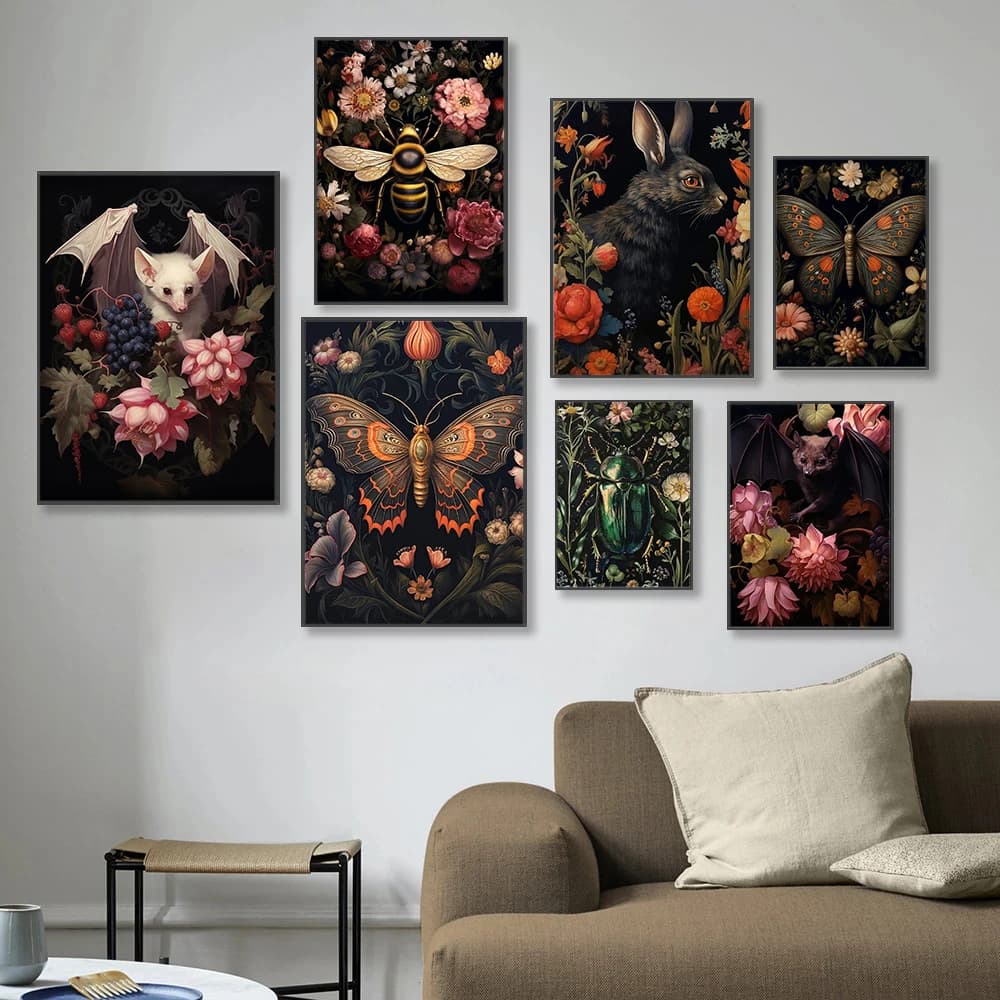 Dark Moody Gothic Plant Animal Black Butterfly Moth Fruit Bat Rabbit Art Poster Canvas Printing Home Bedroom Wall Decor Paint