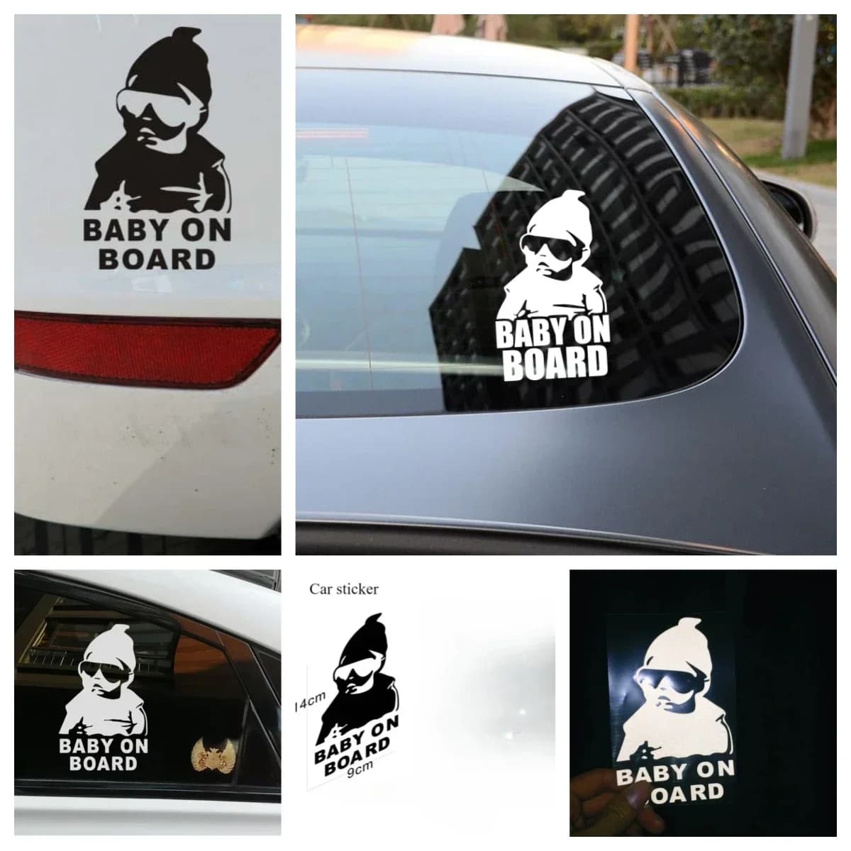 NEW Car Stickers Creative BABY ON BOARD Back Windshield Car Stickers Rear Reflective Sunglasses Car Warning Decalcomanie Black White