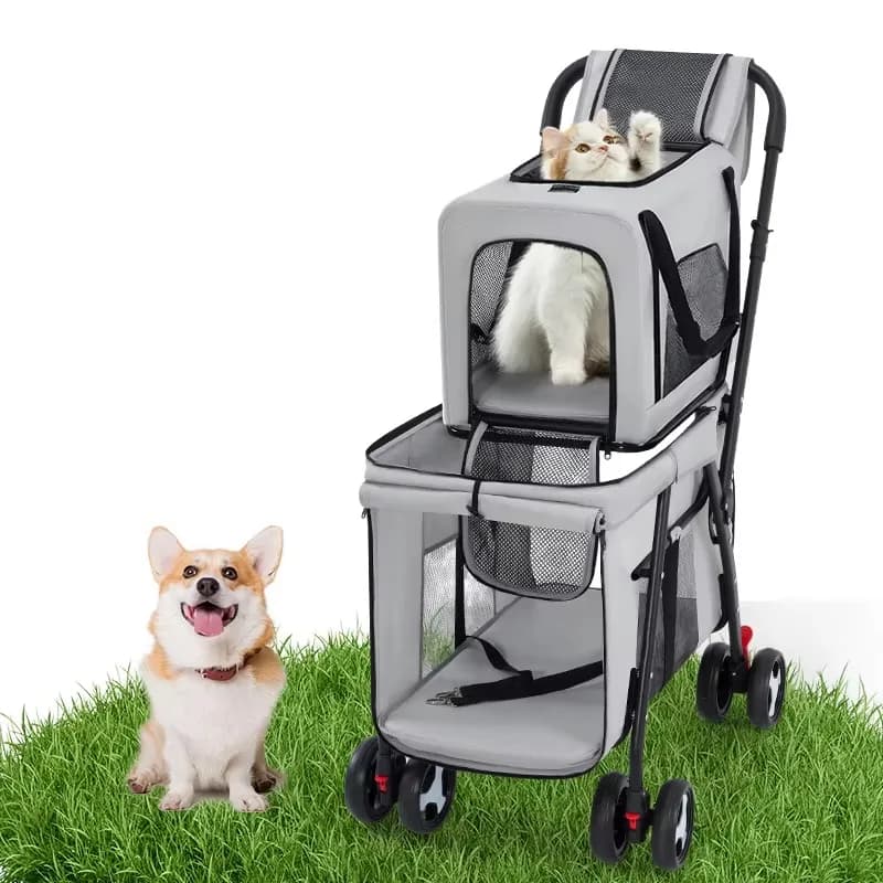 Passeggino Doppio Pieghevole Portatile per Animali Domestici, Carrello per Cani a 1 Clic, Passeggino Doppio per Cani