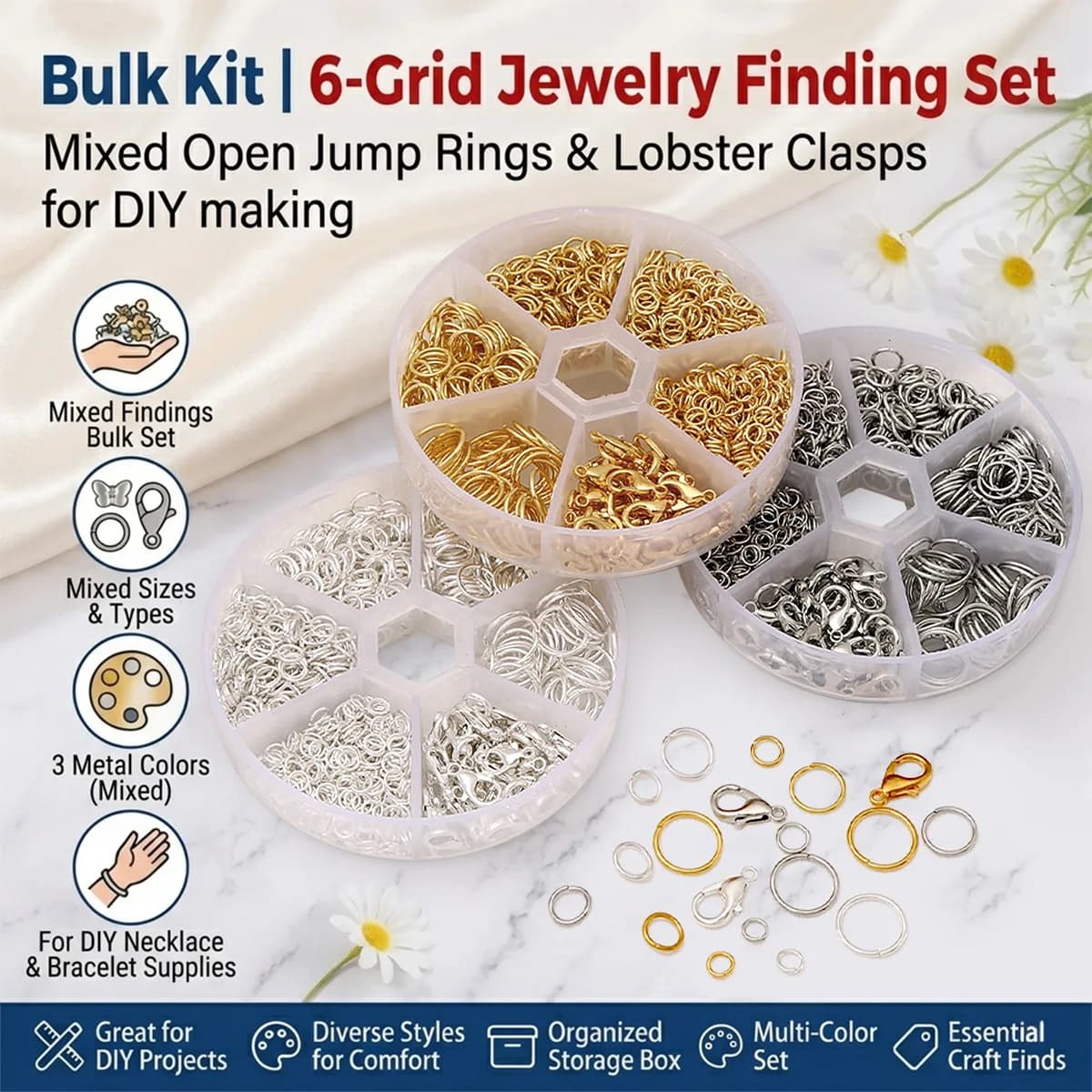 Kit per creazione gioielli fai-da-te con scatola organizer a 6 scomparti - Anellini aperti e chiusure a moschettone, totale 1041 pezzi