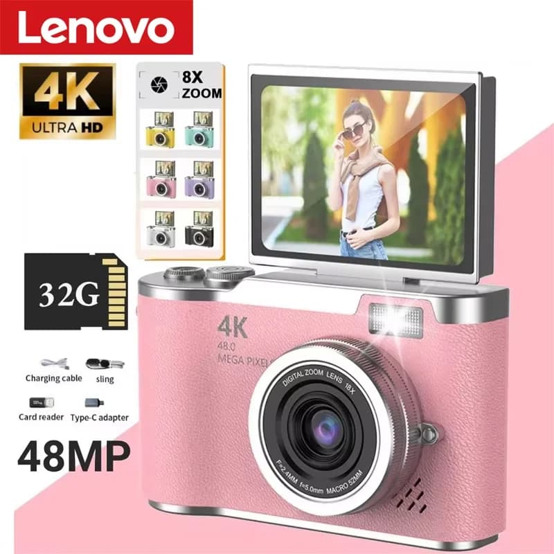 Fotocamera Digitale Lenovo 8X con Zoom Digitale, 48MP, Portatile per Studenti, Fotocamera Digitale 180° ° Regali con Fotocamera Selfie a Schermo Ribaltabile