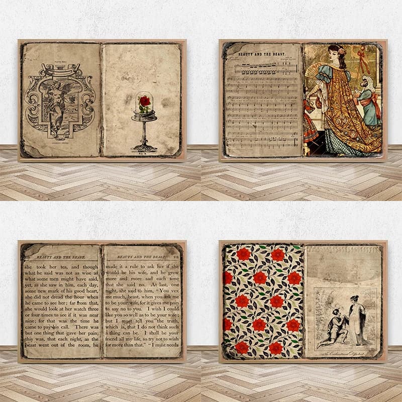 Beauty and the Beast Pages Poster Vintage Fairy Tale Kit for Junk Journals Scrapbooks Art Prints Retro Canvas Paintings