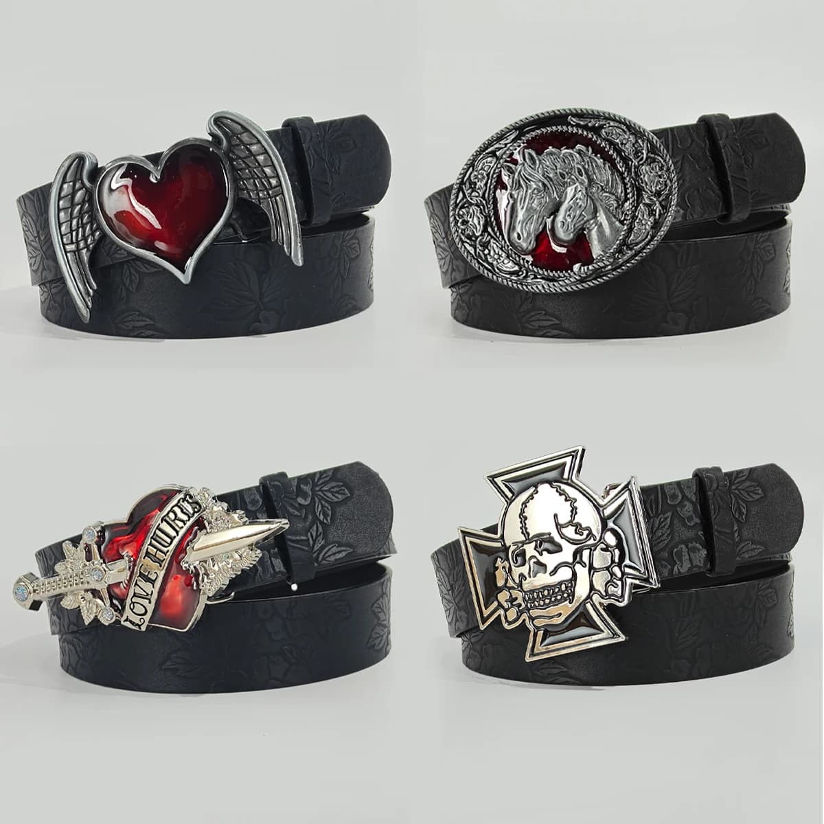 Cintura in pelle a forma di cuore con gocce di olio essenziale di rosa, decorazione flora, stile Y2K punk gothic rock hip-hop, primavera estate, per jeans.