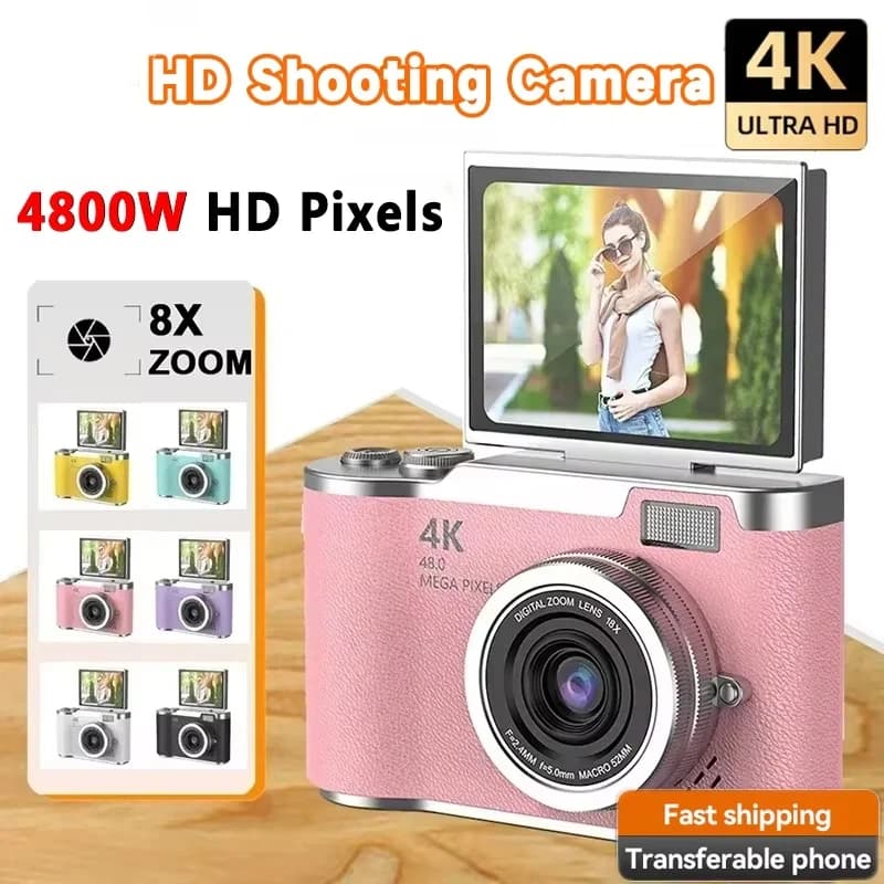 Fotocamera Digitale per Studenti 4K CCD con Zoom Digitale 8X, 48MP, Portatile, 180° ° Fotocamera per selfie con schermo ribaltabile