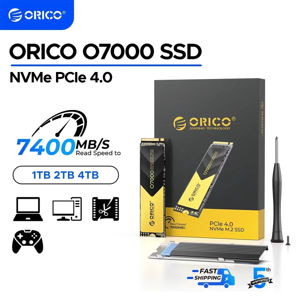 ORICO PCIe4.0 M.2 NVMe SSD PS5 Gaming 7400 MB/S Unità a stato solido interna Chiave M 2280 SSD per creatori di contenuti 1TB/2TB/4TB O7000