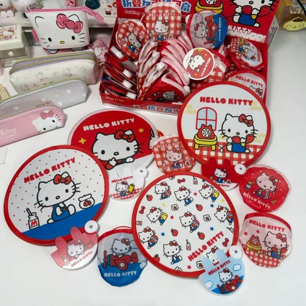 1Pcs Genuine Sanrio Hello Kitty Folding Reflective Hand Fan Collapsible Handheld Fan Pink Red for Summer Beach Travel Girls Gift