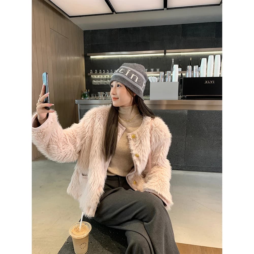Pijiu Pink Short Fur Jacket Women's Plush Coat Eco-friendly Fashion round Neck Regular Sleeve Golden Buckle Winter Outerwear