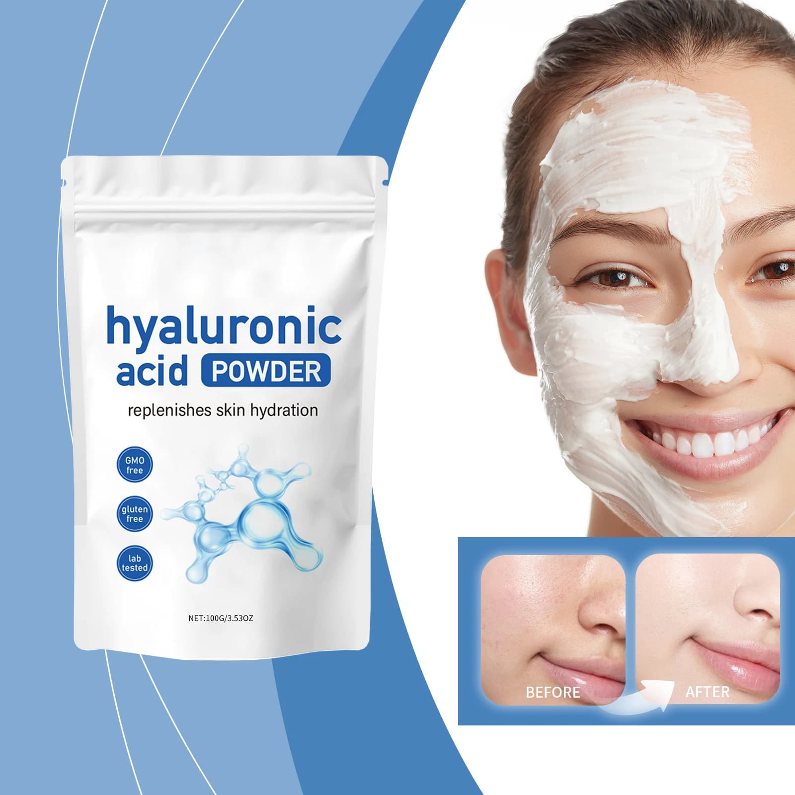 Maschera in Gel all'Acido Ialuronico Idratante, Anti-Età, Levigante, Rassodante, Nutriente, Cura della Pelle, da Polvere a Gel, Maschera Facciale