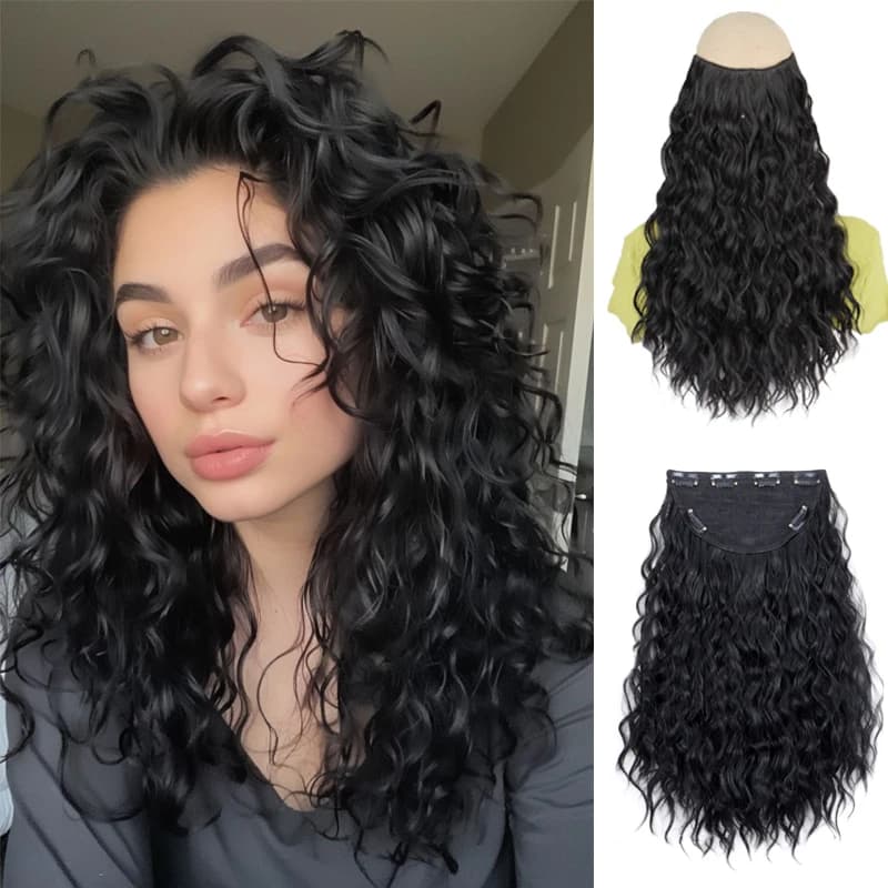 Estensione dei capelli ricci a onda corta con clip sintetica da 18 pollici Capelli in fibra soffice Parrucchino marrone misto nero per le donne
