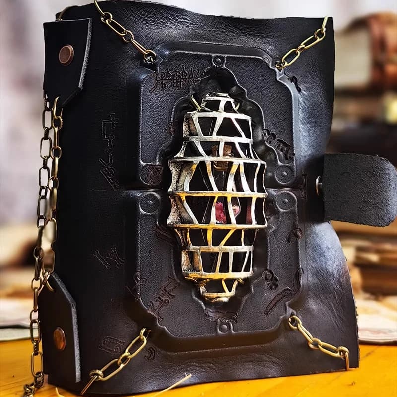 Halloween Cosplay Metal Chain Gothic Style Theme Magic Book Journal Vintage Notepad Handmade Cowhide Leather Diary Notebook